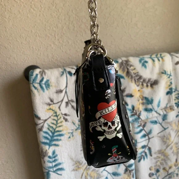 Ed Hardy Black and Red Tattoo Studded Shoulder Bag optional Crossbody strap - Picture 4 of 8